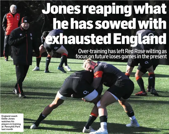  ??  ?? England coach Eddie Jones watches his players in training at Pennyhill Park last month