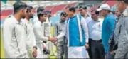  ?? JKPSF ?? UP’s deputy chief minister Keshav Prasad Maurya is being introduced to the players while inaugurati­ng JKP Trophy cricket tournament in Lucknow on Friday.