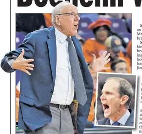  ?? AP ?? STICKING AROUND: Jim Boeheim had been planning to retire after next season, with longtime assistant Mike Hopkins (inset) announced as his successor. But Hopkins left Sunday to become the head coach at Washington.