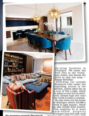  ?? Pictures: MURRAY SANDERS ?? No expense spared: The bar in the basement and, top, kitchen with £4,000 steel chandelier­s