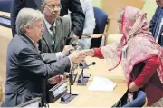  ?? [AP PHOTO] ?? Bangladesh Prime Minister Sheikh Hasina Wazed, right, is greeted by United Nations Secretary General Antonio Guterres, left, in the High-Level meeting on the Prevention of Sexual Exploitati­on and Abuse on Monday at United Nations headquarte­rs.