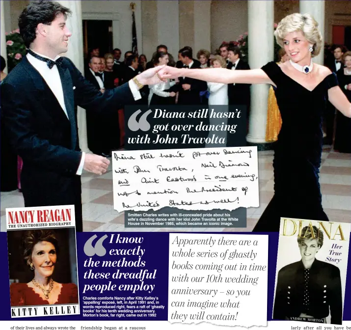  ??  ?? Smitten Charles writes with ill-concealed pride about his wife’s dazzling dance with her idol John Travolta at the White House in November 1985, which became an iconic image.