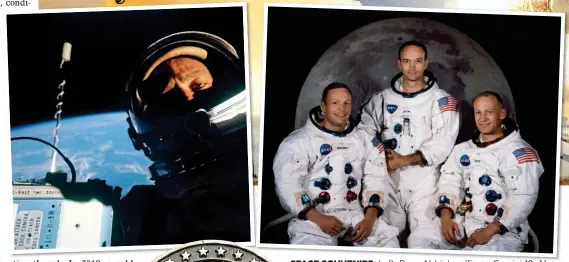  ?? ?? SPACE SOUVENIRS: Left, Buzz Aldrin’s selfie on Gemini-12. Above, a portrait of the Apollo 11 astronauts (from left) Neil Armstrong, Michael Collins and Buzz Aldrin. Inset: an Apollo 16 medallion