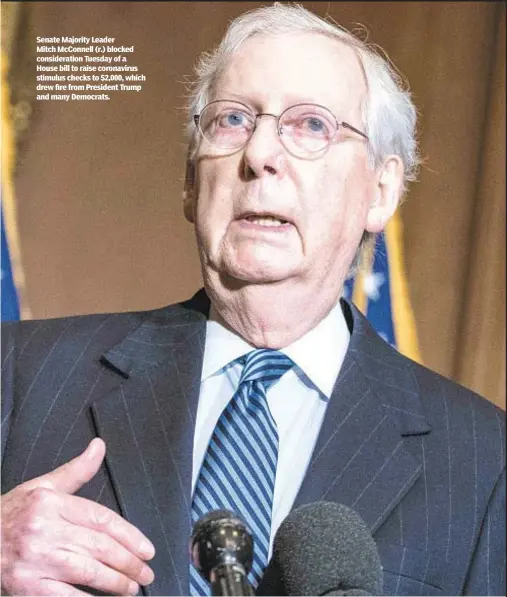  ??  ?? Senate Majority Leader Mitch McConnell (r.) blocked considerat­ion Tuesday of a House bill to raise coronaviru­s stimulus checks to $2,000, which drew fire from President Trump and many Democrats.