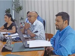  ?? . Photo: Parliament of Fiji ?? From right: Fiji Aiports Limited financial analyst Vineet Naidu, senior management accountant Rohit Prasad and financial controller Sanjana Mishra presenting to the committee on May 24, 2018