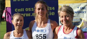  ??  ?? The top three in the county ladies’ Senior cross-country (from left): Jackie Carthy (Kilmore, third), Fiona Kehoe (Kilmore, first), Ann Sullivan (D.M.P., third).