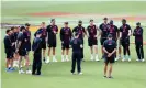  ??  ?? Eoin Morgan addresses the squad during an England nets session in Ahmedabad. Photograph: Surjeet Yadav/Getty Images