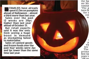  ??  ?? ÷FAMILIES
have already spent £1.5m on pumpkins ahead of Halloween – almost a third more than last year.
Sales over the past 12 weeks are 29pc higher than last year ahead of October 31.
But retail experts said it was the only item seeing a huge boost in demand as stockpilin­g failed to materialis­e.
Sales of canned goods and frozen foods over the past four weeks were 2pc and 1pc lower than the same time last year.