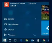  ??  ?? Ein normaler Klick bringt Sie zum Startmenü mit Kacheln, Links und der Programmli­ste.