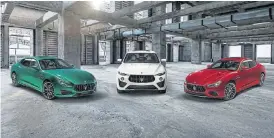  ??  ?? The three Trofeo models are in the colours of the Italian flag: green for Quattropor­te, white for Levante and red for Ghibli.