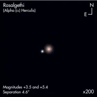  ??  ?? Rasalgethi (Alpha (_) Herculis) Magnitudes +3.5 and +5.4 Separation 4.6”