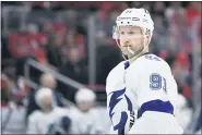  ?? NICK WASS — THE ASSOCIATED PRESS FILE ?? In this Dec. 21, 2019, file photo, Tampa Bay Lightning center Steven Stamkos (91) looks on during the first period of an NHL hockey game against the Washington Capitals in Washington.] Stamkos will be limited at the start of Tampa training camp because of a new lower-body injury, general manager Julien BriseBois said Saturday, July 11, 2020.