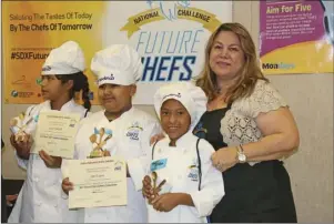  ??  ?? FROM LEFT: Jaelyn Salceda, Joel Lopez Jr. and Mya Allen, top three finishers in the Sodexo National Challenge Future Chefs at Oakley School in Brawley on Friday. WILLIAM ROLLER PHOTO