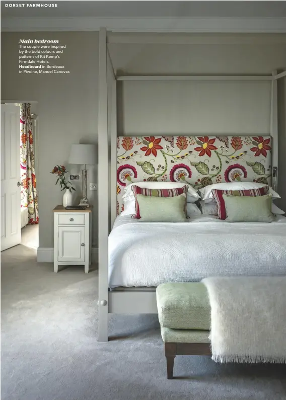  ??  ?? Main bedroom
The couple were inspired by the bold colours and patterns of Kit Kemp’s Firmdale Hotels. Headboard in Bordeaux in Pivoine, Manuel Canovas