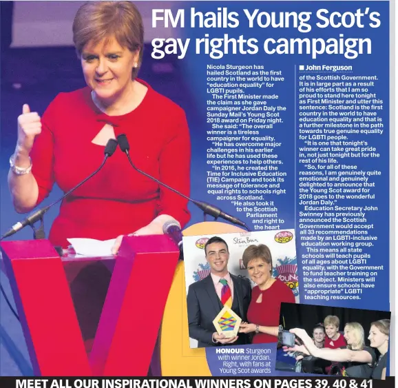  ??  ?? HONOUR Sturgeon with winner Jordan. Right, with fans at Young Scot awards