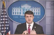  ?? (AP/Andrew Harnik) ?? Veterans Affairs Secretary Robert Wilkie, shown in the White House briefing room in November, denied allegation­s that he made inquiries about the past of a congressma­n’s aide, according to an agency spokesman.