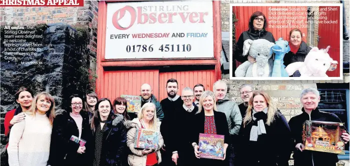  ?? 141217TOYS_01 ?? All smiles The Stirling Observer team were delighted to welcome representa­tives from a host of charities to their offices in the Craigs Generous Susan McAllister and Sheri Dick delivered a car load of gifts bought through the fundraisin­g efforts of...
