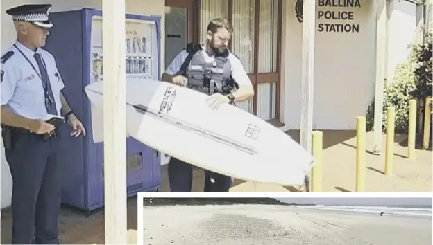  ?? PICTURE: AUSTRALIAN BROADCASTI­NG CORPORATIO­N ?? 0 Police in Ballina carry the surfboard used by surfer Lee Jonsson to fight off a shark which attacked him off the New South Wales coast