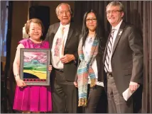  ?? Photo submitted by the University of Lethbridge ?? From left, Amethyst First Rider, Leroy Little Bear, Blackfoot artist Lori Brave Rock and Bob Boudreau, dean of the Faculty of Management.