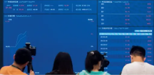  ??  ?? Carbon market data is displayed in real time on a screen in Wuhan, Hubei Province, July 16. The same day, an online ceremony for the opening of the national market was held in Beijing, Shanghai and Wuhan