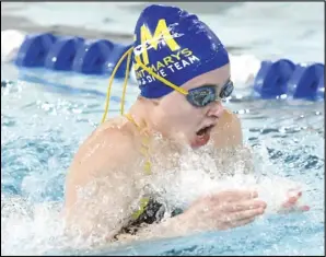  ?? Staff photo/John Zwez ?? St. Marys’ Alivia Link swims during Saturday’s tri-meet with Minster and St. Henry at the Auglaize-Mercer Family YMCA South Branch.