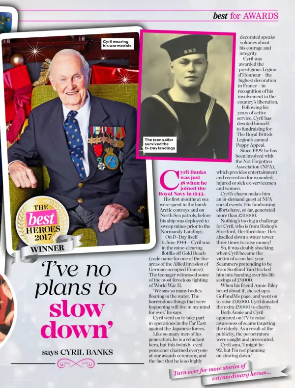  ??  ?? Cyril wearing his war medals The teen sailor survived the D-Day landings