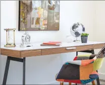  ??  ?? A patchwork-style side chair adds a colorful edge in this home office. (Design Recipes)