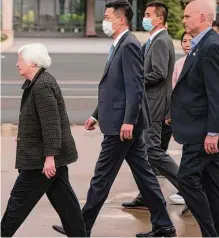  ?? Mark Schiefelbe­in/associated Press ?? Treasury Secretary Janet Yellen arrives at Beijing Capital Internatio­nal Airport on Thursday for economic talks aimed at finding areas of common ground.