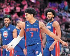  ?? — ap ?? Reason to smile: detroit Pistons guard Killian Hayes (No. 7) reacts after a three-point basket during overtime in the Nba game against
the dallas mavericks.