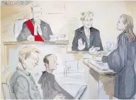 ?? ALEXANDRA NEWBOULD / THE CANADIAN PRESS ?? In this artist’s sketch, Dellen Millard, left, appears in court in Toronto on Thursday for his judge-only trial in the alleged murder of his father, Wayne Millard.