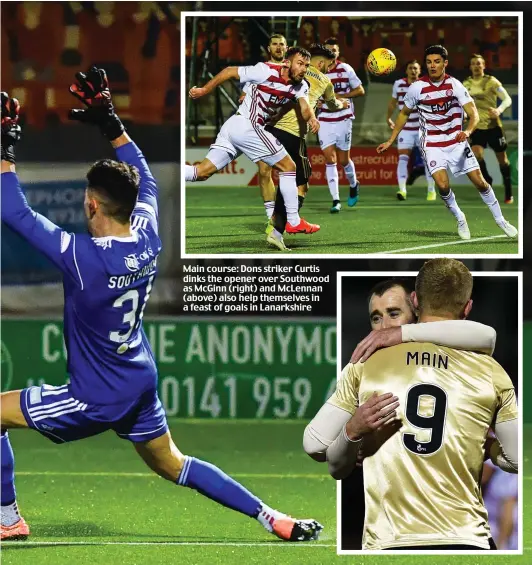  ??  ?? Main course: Dons striker Curtis dinks the opener over Southwood as McGinn (right) and McLennan (above) also help themselves in a feast of goals in Lanarkshir­e