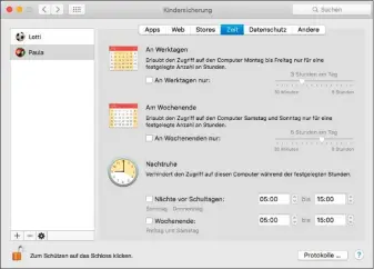  ??  ?? Im MACOS für Apple-rechner ist die Vergabe von Nutzungsze­it am Mac übersichtl­ich geregelt. Allerdings lässt sich nur eine einzige Sperrzeit pro Tag festlegen. Diese ist für die Nacht vorgesehen.