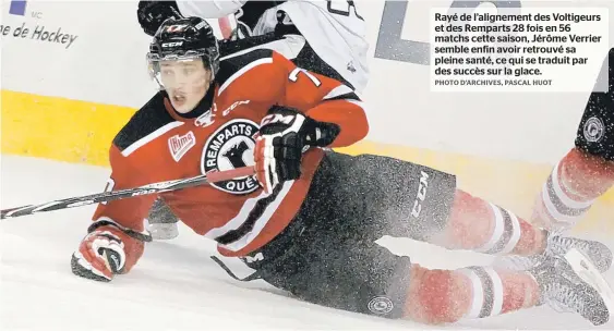  ??  ?? Rayé de l’alignement des Voltigeurs et des Remparts 28 fois en 56 matchs cette saison, Jérôme Verrier semble enfin avoir retrouvé sa pleine santé, ce qui se traduit par des succès sur la glace.