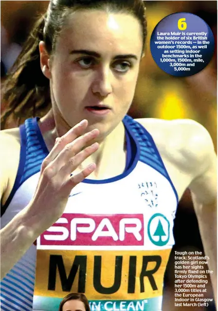  ??  ?? Tough on the track: Scotland’s golden girl now has her sights firmly fixed on the Tokyo Olympics after defending her 1500m and 3,000m titles at the European Indoor in Glasgow last March (left)