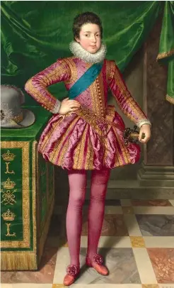  ??  ?? Louis XIII en costume de deuil (1611), de Frans Pourbus le Jeune. Le roi est figuré à 10 ans, âge où il succède à son père Henri IV, le premier Bourbon à accéder au trône de France. Il porte la couleur du grand deuil pour un monarque : violet cramoisi.