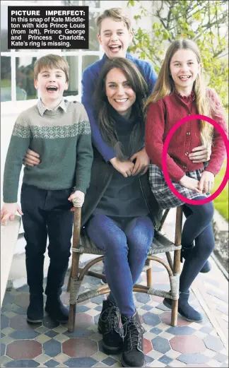  ?? ?? PICTURE IMPERFECT: In this snap of Kate Middleton with kids Prince Louis (from left), Prince George and Princess Charlotte, Kate’s ring is missing.