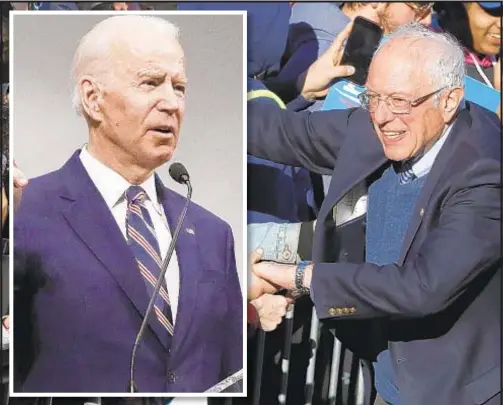  ?? AP ?? Former Vice President Joe Biden (left) speaks at New Hope Baptist Church in Jackson, Miss, on Sunday, while Sen. Bernie Sanders works the crowd in Chicago’s Grant Park on Saturday. The appearance­s were ahead of faceoffs in six states Tuesday.