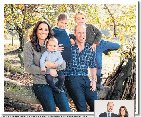  ??  ?? The Cambridges go for an informal look compared with last year’s photo, right