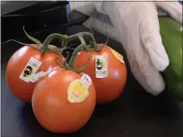  ??  ?? Tomatoes sit on the conveyor belt at check out in Good Earth Natural Foods Mill Valley on Friday.