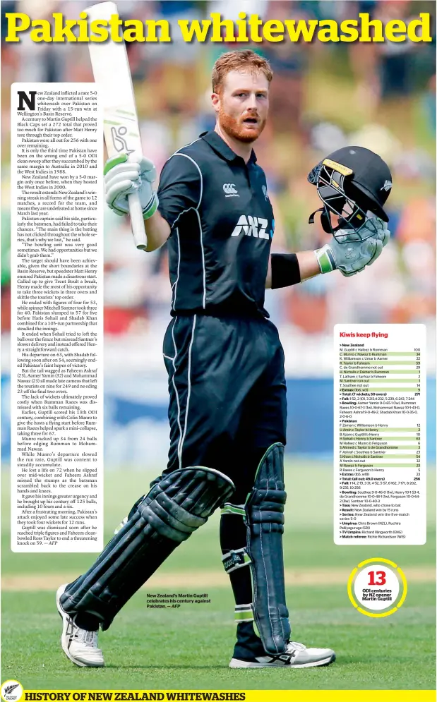  ?? AFP ?? New Zealand’s Martin Guptill celebrates his century against Pakistan. —