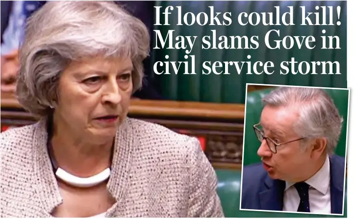  ??  ?? Eyes like daggers: Theresa May glares at Michael Gove, inset, in the Commons yesterday as he defends the appointmen­t of David Frost as national security adviser