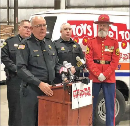  ?? PHOTO PROVIDED ?? Saratoga County Sheriff Michael Zurlo announces plans for a Dec. 9 Toys for Tots truck convoy during a Wednesday press conference in Clifton Park. Also, a similar Toys for Tots convoy will go from Ballston Spa to the Saratoga Performing Arts Center main parking lot this Sunday, arriving at about 10:45 a.m.