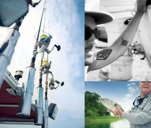  ??  ?? ABOVE, CLOCKWISE FROM LEFT: Fishing equipment on Ken Rafferty’s boat; Joe Flotteron of Peconic Water Sports; charter captain Rafferty has been fishing on Long Island for nearly 50 years. OPPOSITE PAGE, FROM LEFT: “There are more people chasing fewer...