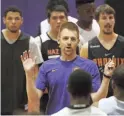  ??  ?? NAZ Suns coach Bret Burchard talks to NBA G League hopefuls at a tryout in September.
