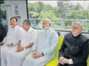  ?? PTI ?? (From left) Union minister M Venkaiah Naidu, Kerala CM Pinarayi Vijayan, PM Narendra Modi and governor P Sathasivam take a ride in the newly launched Kochi Metro in Kerala on Saturday.