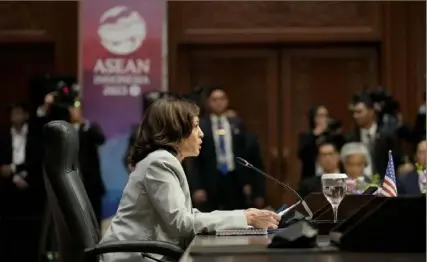  ?? Achmad Ibrahim/Associated Press ?? Vice President Kamala Harris speaks Wednesday during the Associatio­n of the Southeast Asian Nations (ASEAN)-U.S. Summit in Jakarta, Indonesia.