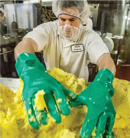  ?? PETER J. THOMPSON / NATIONAL POST ?? An Alliston Creamery employee gets to grips with some Emerald Grasslands butter.