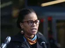  ?? NAnCy lAnE / HERAlD STAff ?? ESSENTIAL FOR ESSENTIAL WORKERS: Acting Mayor Kim Janey speaks during a press conference outside the transporta­tion building in Boston on Monday.