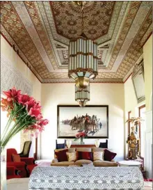  ??  ?? Ornate Moroccan style, such as this gorgeous detailed ceiling, blends easily with the clean lines of modern decor.