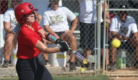  ?? Jeremy Stewart / Rome News-Tribune ?? Chattooga’s Rose Jones connects for a hit during a Region 7-AA softball game against Pepperell on Tuesday in Lindale.